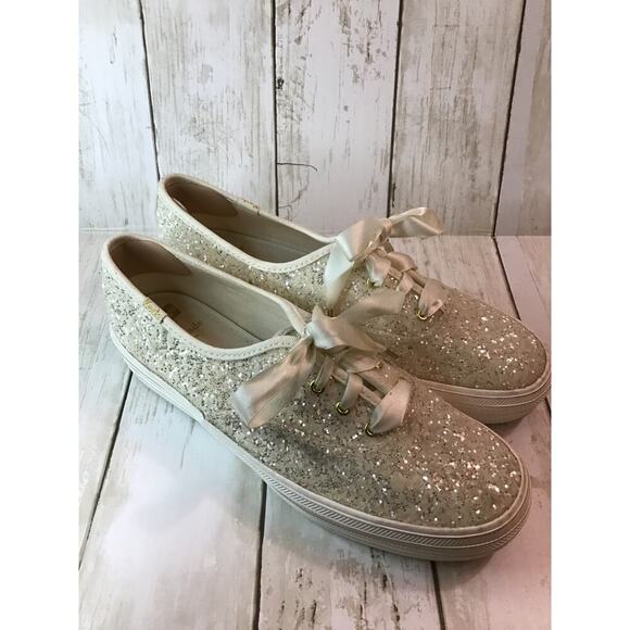 Kate Spade X New York Glitter Cream Keds Ribbon tie platform shoes size 9 - Picture 1 of 9